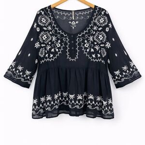 Free People Navy Blouse with White Embroidery
